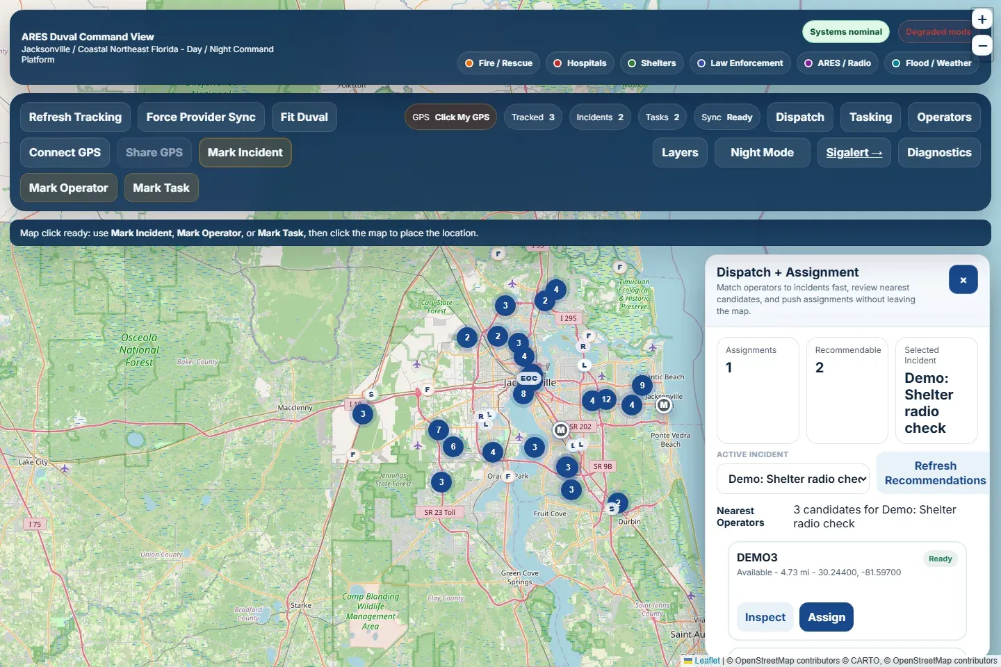 Dispatch and Assignment drawer recommending the nearest available demo operator for a demo incident