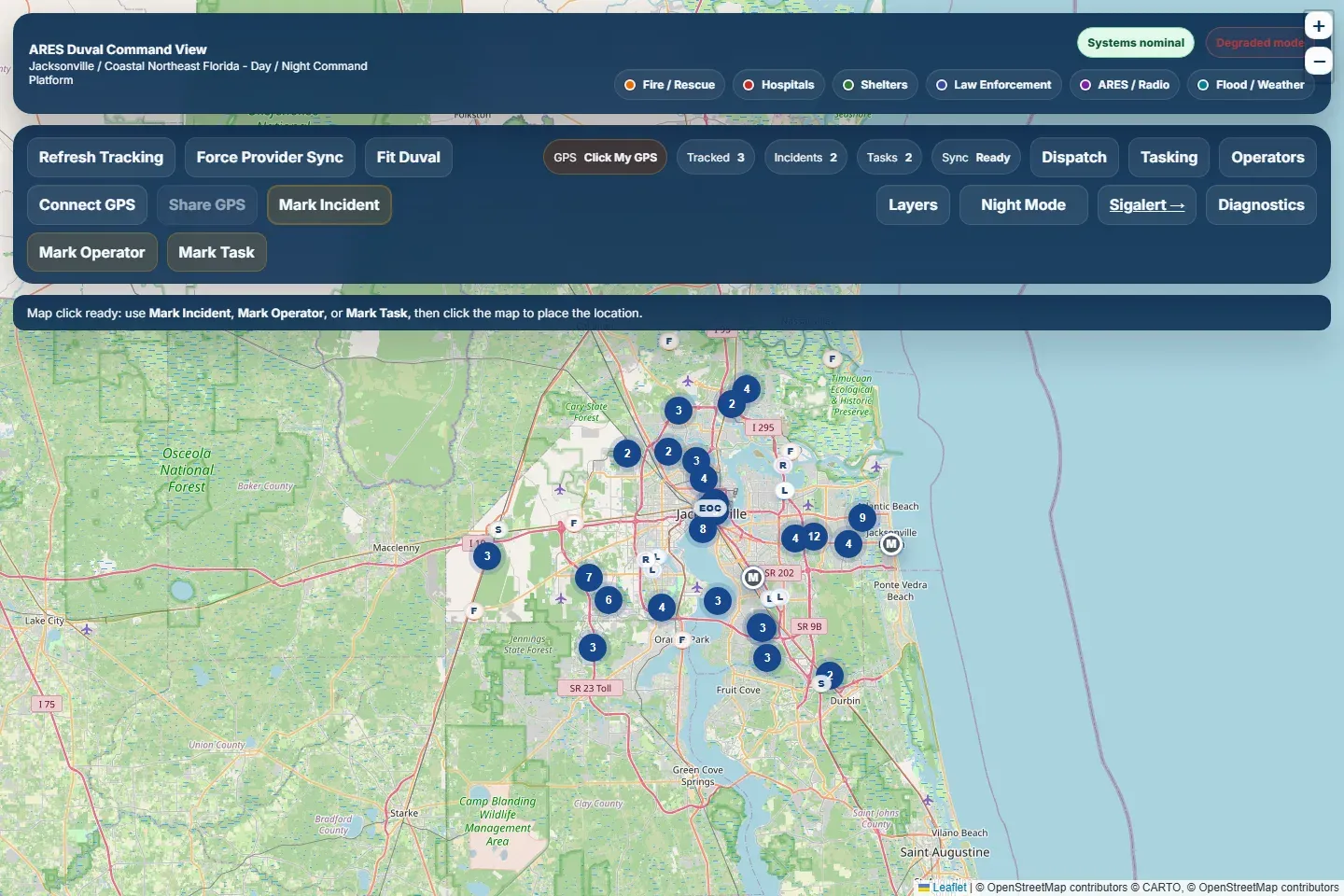 ARES Duval Command View in day mode, showing the command bar and clustered facility markers over Duval County