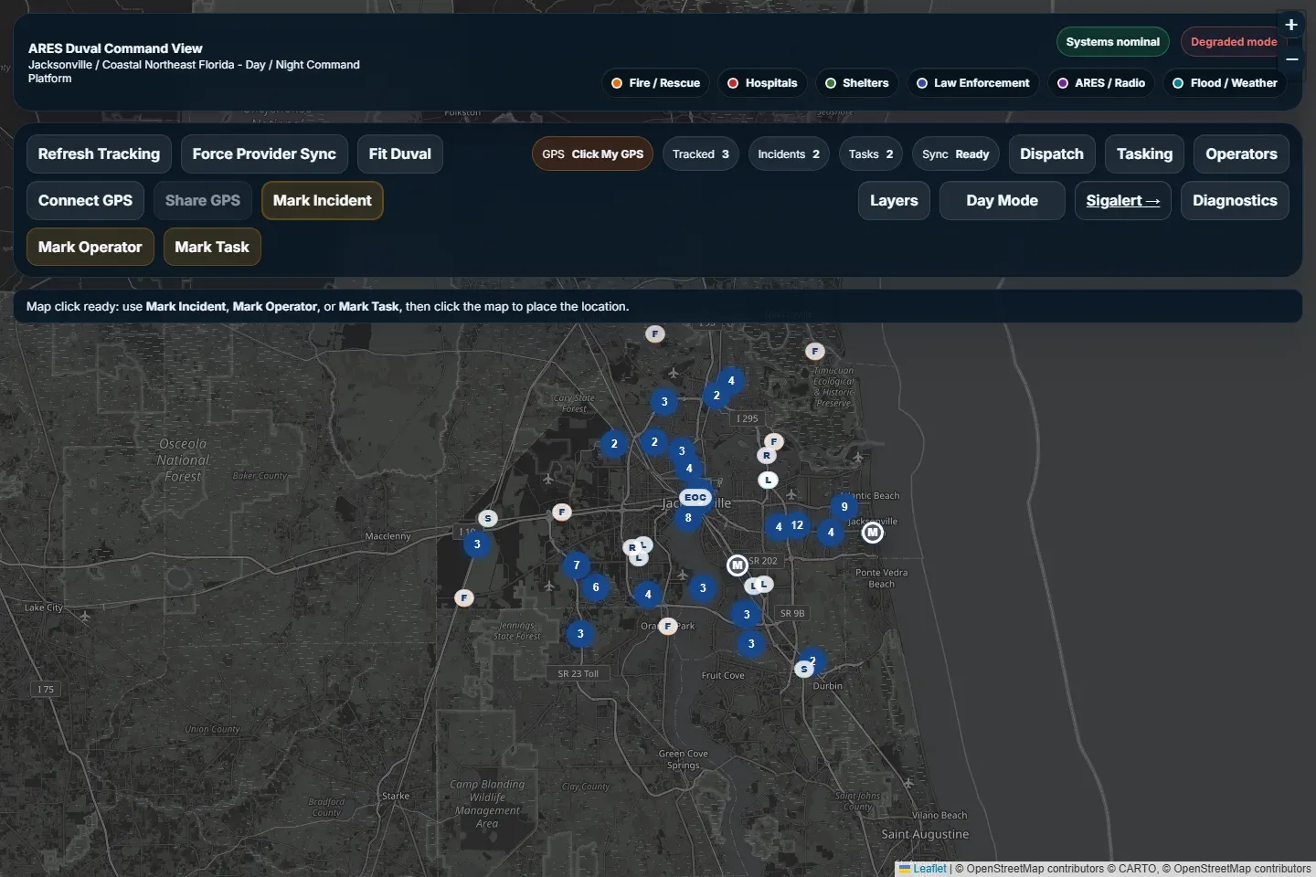 The same command view in night mode with a dark basemap