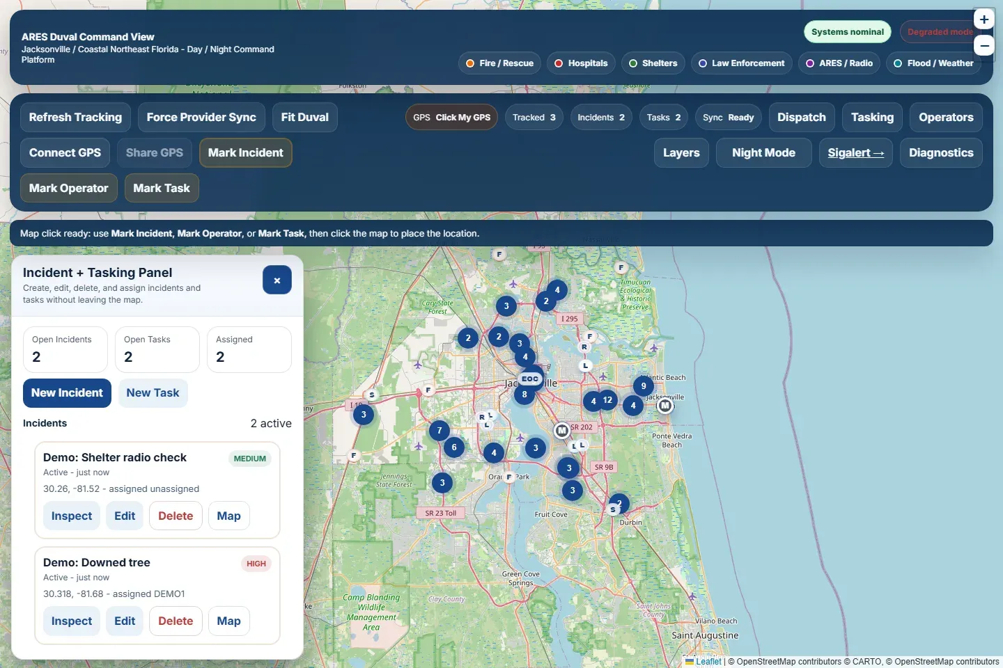Incident and Tasking panel listing two demo incidents with priority badges