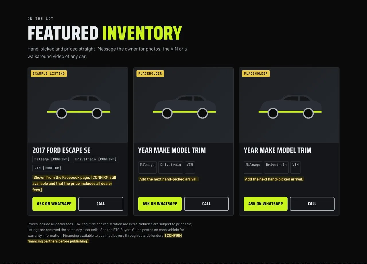 Featured inventory section with three listing cards, one example and two placeholders, each with Ask on WhatsApp and Call buttons.