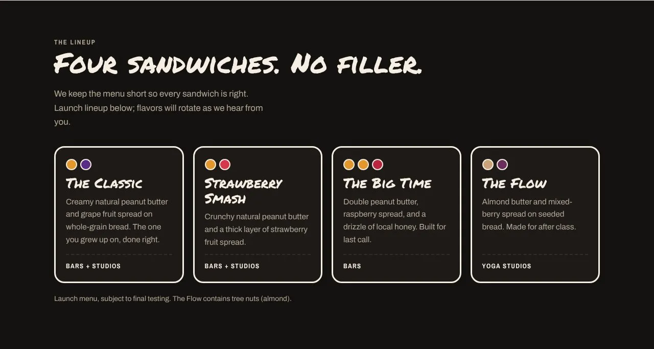 Four menu cards on a dark background: The Classic, Strawberry Smash, The Big Time and The Flow.