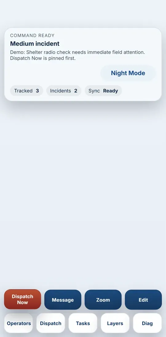 Mobile layout showing the command-ready card and dock buttons with no map drawn