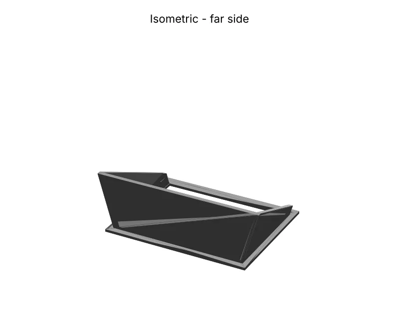 Isometric render of the glare shroud from the far side, showing the outside of the tall far wall.