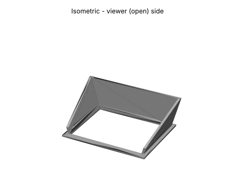 Isometric render of the glare shroud from the open viewer side, showing the tall far wall and tapered side walls on a thin flange.