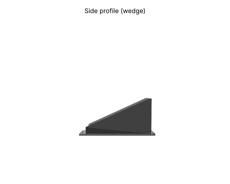 Side profile render showing the side wall tapering from 45 mm at the far end to 10 mm at the viewer end.