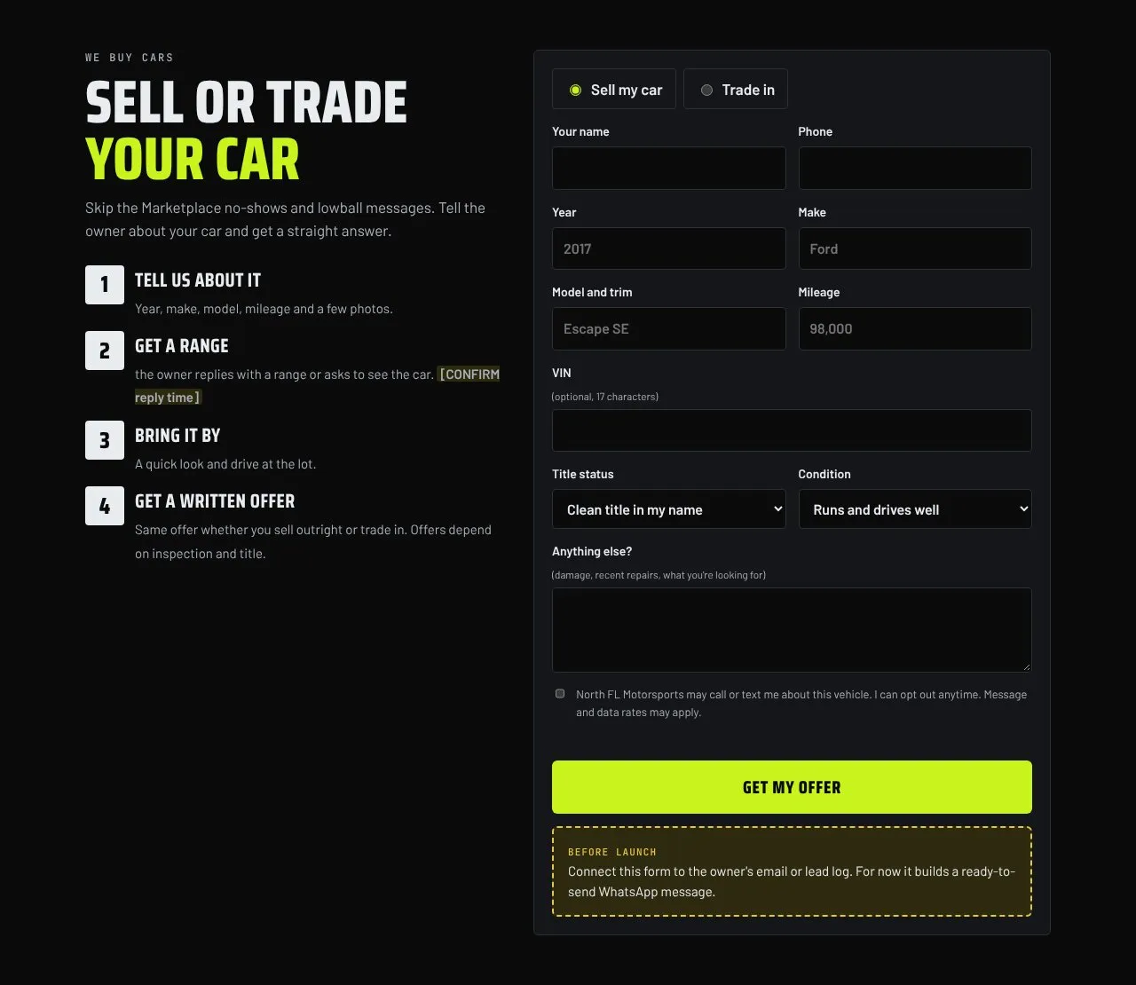 Sell or trade section with four numbered steps on the left and a long form on the right.