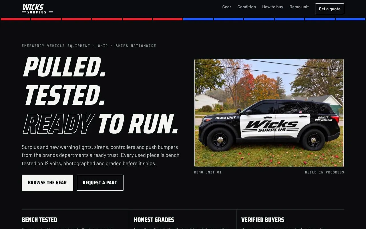 Website hero: Pulled. Tested. Ready to run. in heavy italic type, with the demo unit photo and a red and blue lightbar rule under the header.